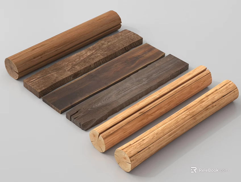 Wooden Construction Components With Various Wood Textures And Cylindrical Rectangular Shapes 3d model 