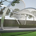 Modern White Curved Pergola Structure In Green Lawn With Trees And Pigeons
