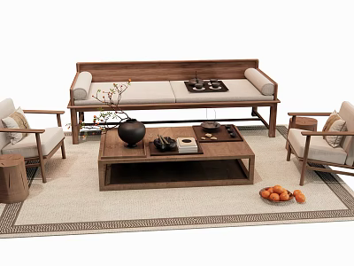 Modern Sofa Coffee Table Combination Interior With Wooden Accent Chairs Area Rug And Decorative Items 3d model