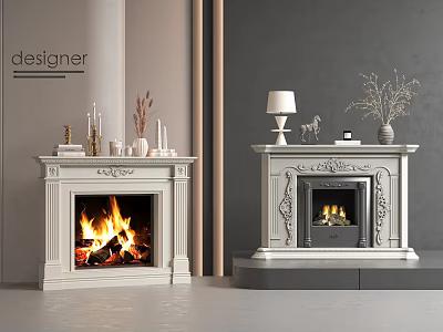 Classic Ornate White Fireplaces With Burning Fire Decorative Candles Vases And Table Lamp 3d model