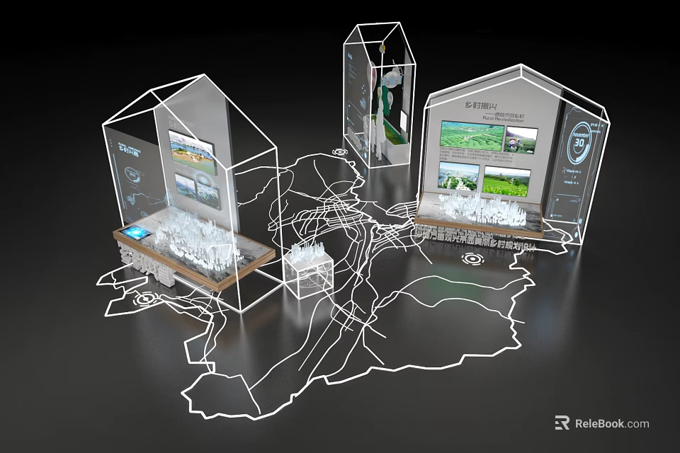 Transparent House Models Exhibition With Map Wine Glasses And Displayed 3d model