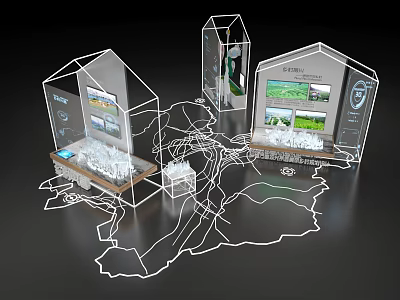 Transparent House Models Exhibition With Map Wine Glasses And Displayed 3d model