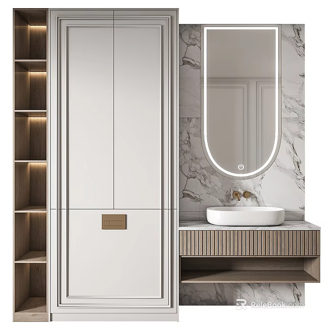 Modern Bathroom Vanity With Marble Wall Oval Mirror White Countertop And Wooden Cabinet 3d model 