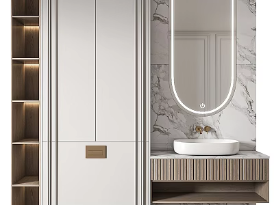 Modern Bathroom Vanity With Marble Wall Oval Mirror White Countertop And Wooden Cabinet 3d model