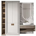 Modern Bathroom Vanity With Marble Wall Oval Mirror White Countertop And Wooden Cabinet