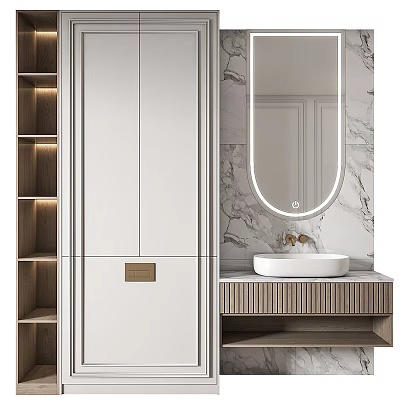 Modern Bathroom Vanity With Marble Wall Oval Mirror White Countertop And Wooden Cabinet 3d model