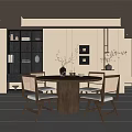 Modern Restaurant Interior With Round Dining Table Wooden Chairs Dark Bookshelf And Neutral Tones