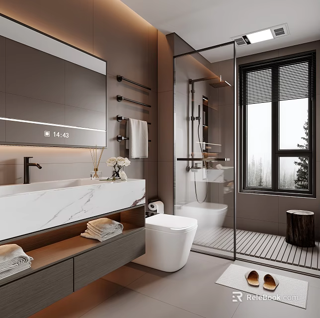 Modern Bathroom Interior Design With Marble Vanity Smart Toilet And Glass Shower 3d model 