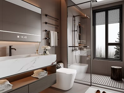 Modern Bathroom Interior Design With Marble Vanity Smart Toilet And Glass Shower 3d model