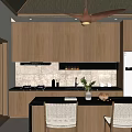 Warm Modern Kitchen Interior With Wooden Cabinets Island Counter And Woven Chairs