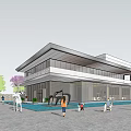 Modern Building Exterior With Glass Curtain Wall Spacious Entrance And Water Pool Courtyard Design
