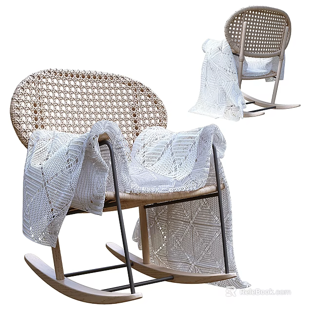 Cozy Wicker Rocking Chair With White Crocheted Blanket And Wooden Legs 3d model 
