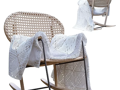 Cozy Wicker Rocking Chair With White Crocheted Blanket And Wooden Legs 3d model
