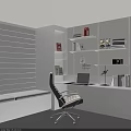 Modern Home Office Desk With White Chair Shelves Books Laptop Desk Lamp And Rabbit Toys