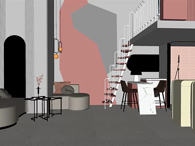 Modern Apartment with Open Layout Staircase Sofa Coffee Table Geometric Wall Dining Table Marble Countertop 3d model