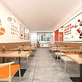 Mall Shop Restaurant Interior With Orange Chairs Wooden Tables Laksa Posters And Pendant Lights