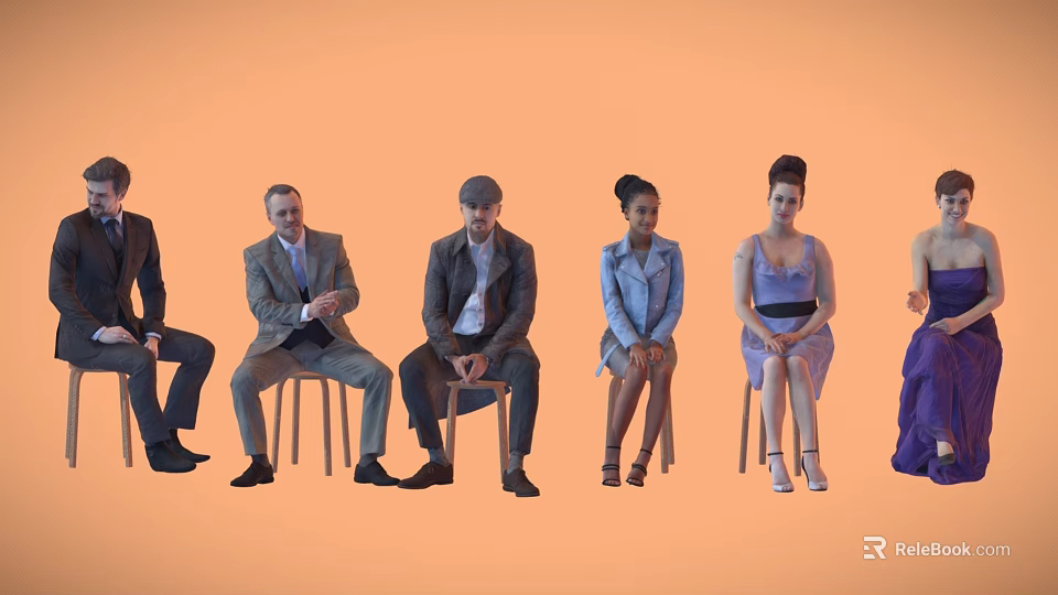 Group of diverse people sitting on chairs arranged in a row against orange background 3d model 