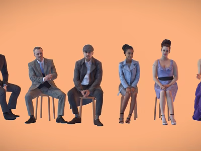 Group of diverse people sitting on chairs arranged in a row against orange background 3d model