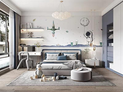 Modern Kids Room Interior With Cozy Bed Airplane Decor Planet Elements Large Window And Toys 3d model