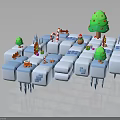 Green Christmas Tree Plants in Wintery 3D Scene with Snow Blocks Gifts Candy Canes Snowmen