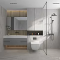 Modern Bathroom Interior Design With Glass Shower Partition Round Backlit Mirror And White Tiled Walls