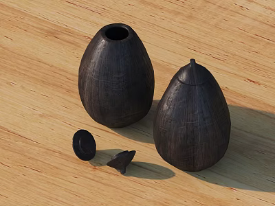 Black Ceramic Vessels With Lid And Without Lid On Wooden Tabletop With Small Fragments 3d model
