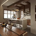 Rustic Restaurant Interior With Open Bar Counter Wooden Ceiling Pendant Lights And Bar Stools