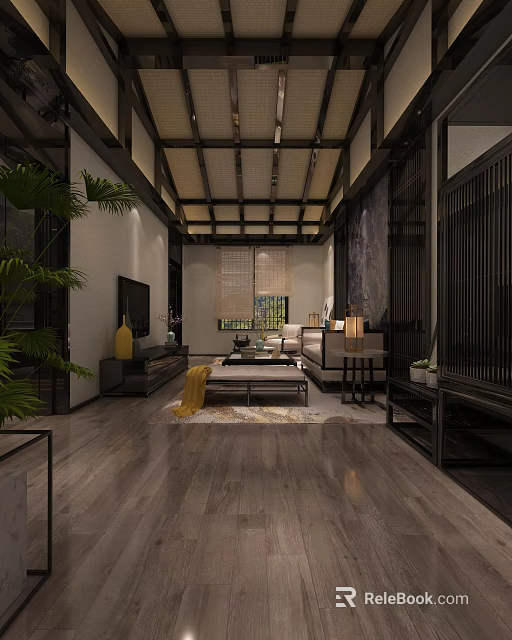 Hotel Guest Room Interior With Modern Chinese Style Wooden Beams Sofa And Green Plants 3d model 