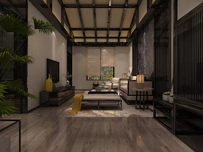 Hotel Guest Room Interior With Modern Chinese Style Wooden Beams Sofa And Green Plants 3d model