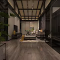 Hotel Guest Room Interior With Modern Chinese Style Wooden Beams Sofa And Green Plants