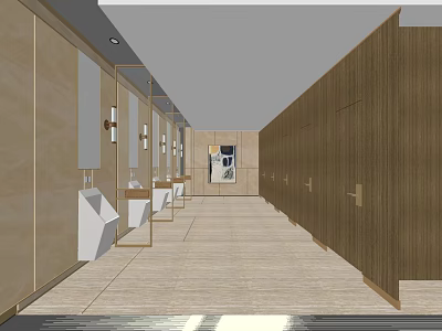 Modern Public Restroom Interior Design With Wooden Walls White Washbasins Mirrors And Lighting 3d model