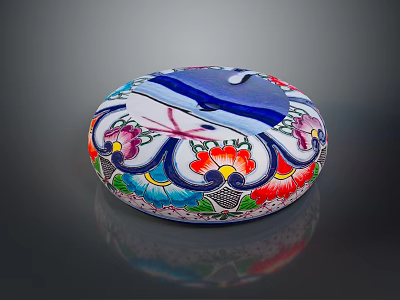 Colorful Circular Carved Sculpture With Floral Patterns And Blue Decorative Lid 3d model