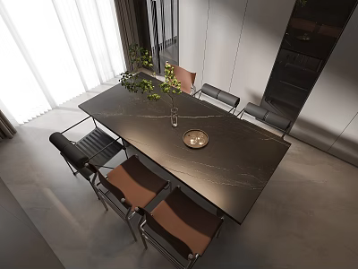 Modern Dark Dining Table Set With Brown Chairs And Green Plant In Interior Design 3d model