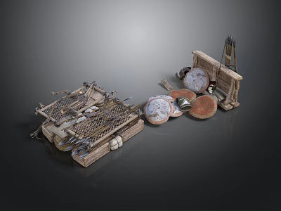Ancient Medieval Weapons Collection with Metal Shields Spears Arrows on Wooden Shelf 3d model