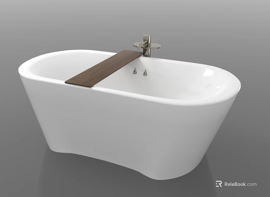 Modern Freestanding White Bathtub With Wooden Shelf And Metal Faucet 3d model 