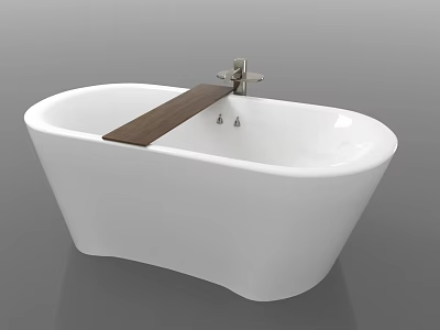 Modern Freestanding White Bathtub With Wooden Shelf And Metal Faucet 3d model