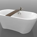 Modern Freestanding White Bathtub With Wooden Shelf And Metal Faucet