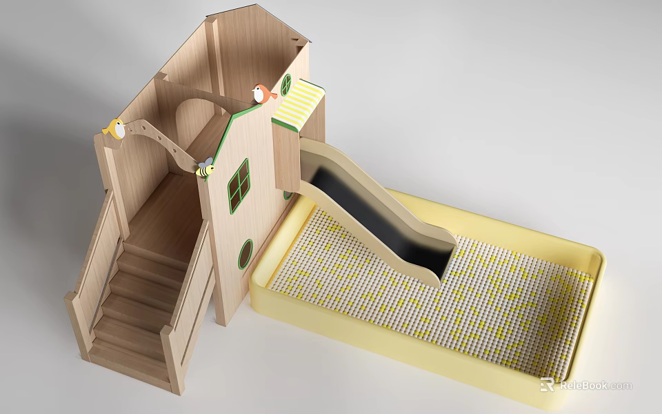 Wooden Play Equipment With Slide Stairs Yellow Mat And Green Accents 3d model 