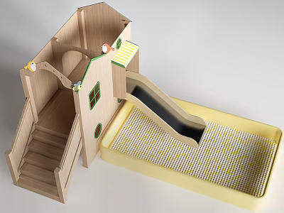 Wooden Play Equipment With Slide Stairs Yellow Mat And Green Accents 3d model