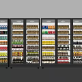 Multiple Commercial Display Refrigerators Stocked with Various Bottled and Canned Beverages in Retail Store