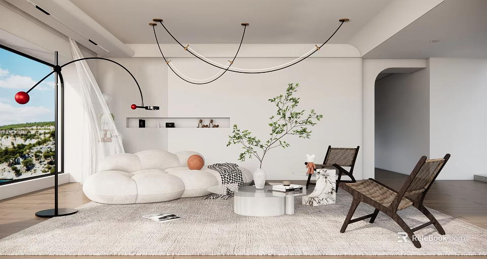 Modern Living Room Interior with White Sofa Curved Chandelier Green Plant and Round Coffee Table 3d model 
