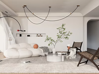 Modern Living Room Interior with White Sofa Curved Chandelier Green Plant and Round Coffee Table 3d model
