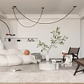 Modern Living Room Interior with White Sofa Curved Chandelier Green Plant and Round Coffee Table