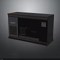 Dark Colored Metal Equipment Cabinet With Double Doors Ventilation Grilles And Warning Labels