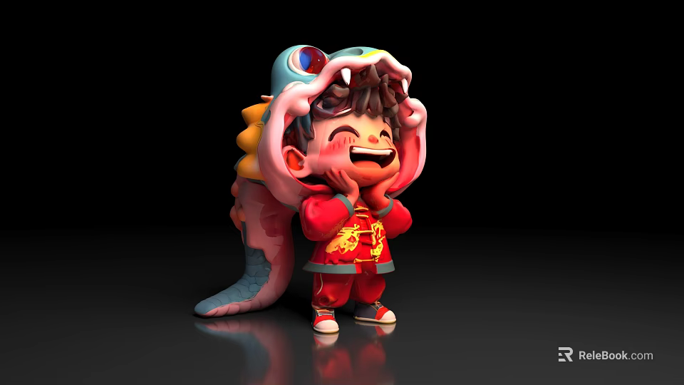Cartoon Style Game Character In Red Outfit With Dragon Elements Cheerful Expression And Gold Patterns 3d model 