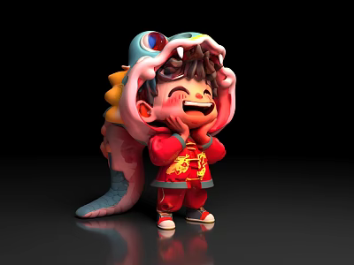 Cartoon Style Game Character In Red Outfit With Dragon Elements Cheerful Expression And Gold Patterns 3d model