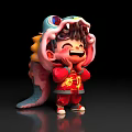 Cartoon Style Game Character In Red Outfit With Dragon Elements Cheerful Expression And Gold Patterns