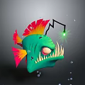 Green Fish Like Creature With Red Yellow Fins Sharp Teeth And Glowing Antenna Underwater Bubbles