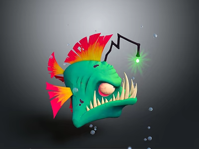 Green Fish Like Creature With Red Yellow Fins Sharp Teeth And Glowing Antenna Underwater Bubbles 3d model