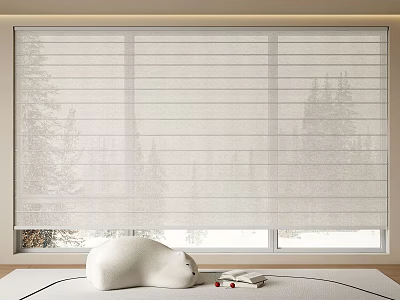 White Venetian Blinds On Window With Trees Outside And White Red Items On Sill 3d model